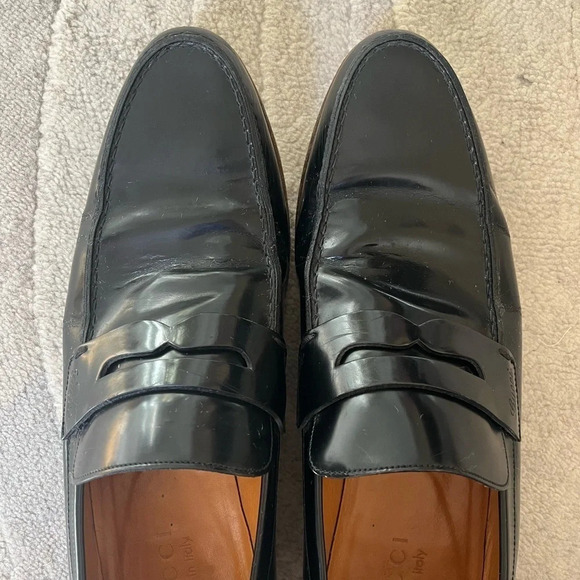 GUCCI Men’s  Black Leather Loafers with Logo, style 181797, size 41.5 / 8 - Picture 2 of 12